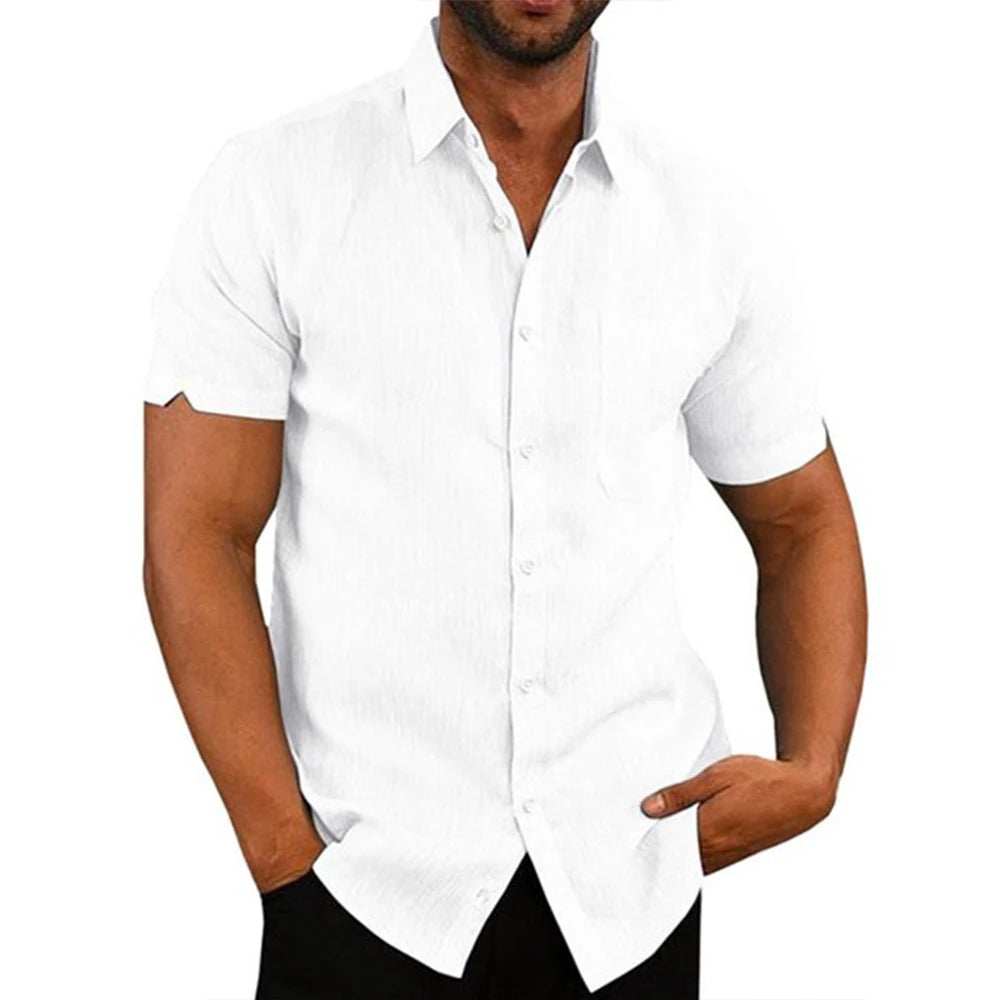 Casual Men's Short-Sleeved Cotton Linen Shirt with Turn-down Collar