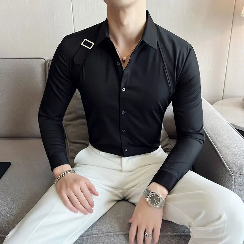 Strap-Detail Long Sleeve Slim Fit Casual Shirt