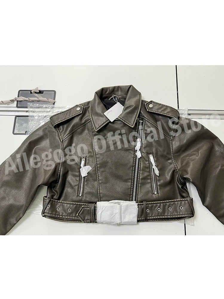 Vintage-Inspired Women’s Loose Faux Leather Short Jacket with Belt and Zipper