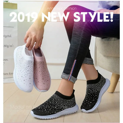 Women's Rhinestone Glitter Mesh Slip On Sneakers- Various Colors