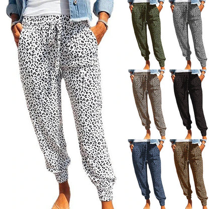 Women's Casual Lace-Up Pants in Loose Fit with Leopard Print - Various Colors