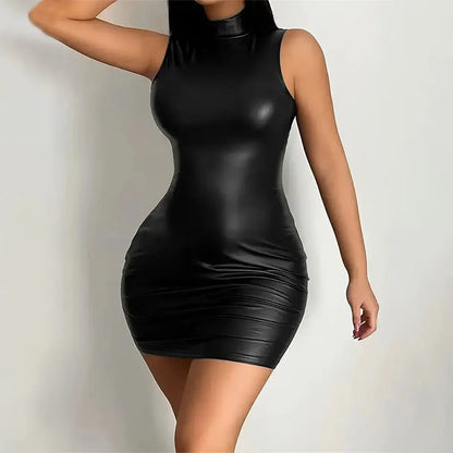 Faux Leather Sleeveless Slim Fit Mini Dress with Elastic Waist and Hip Accent