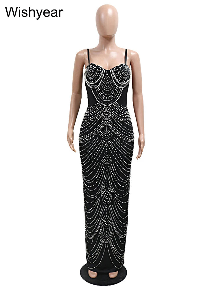 Wishyear Women's Luxe Brown Gown with Sparkling Crystal Rhinestones and Pearls