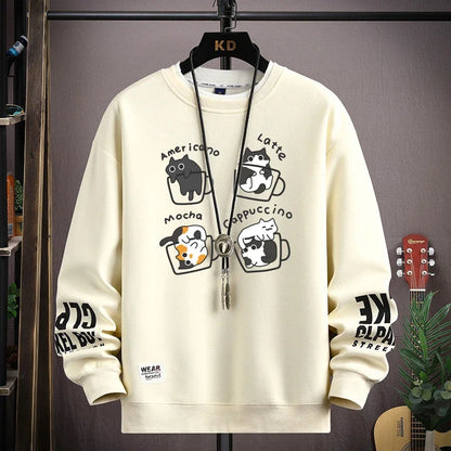 Men's Sweater with Japanese Cartoon Cat Print - Various Colors