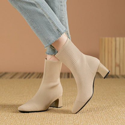 Designer Square Toe Mesh High Heel Boots - Breathable Stretch Style