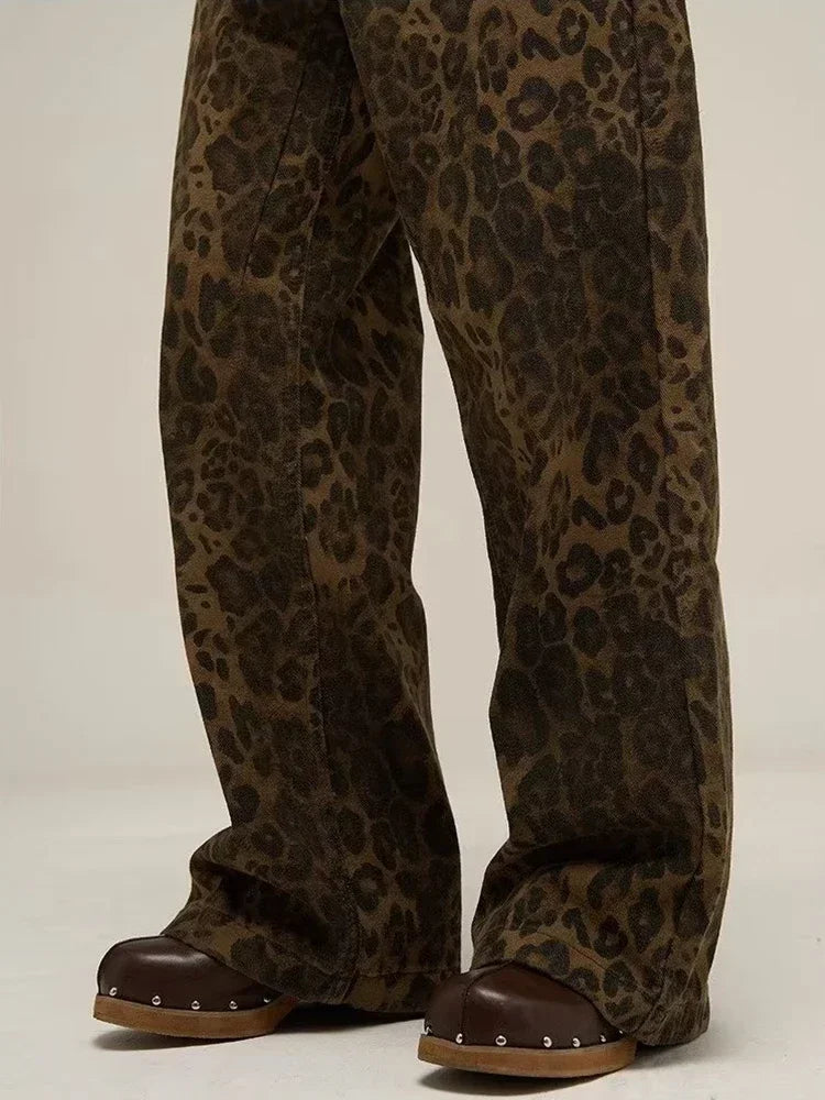 Tan Leopard Print Wide-Leg Jeans for Women - Oversized Style Pants