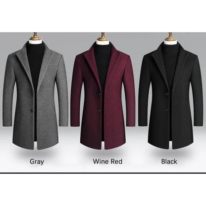 Slim Fit Woolen Windbreaker Long Coat for Men