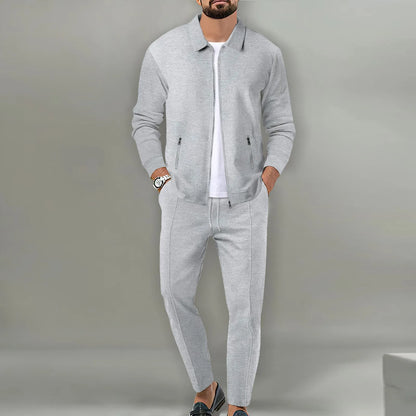 Men's Two-Piece Stand Collar Zipper Jacket and Drawstring Pants Ensemble