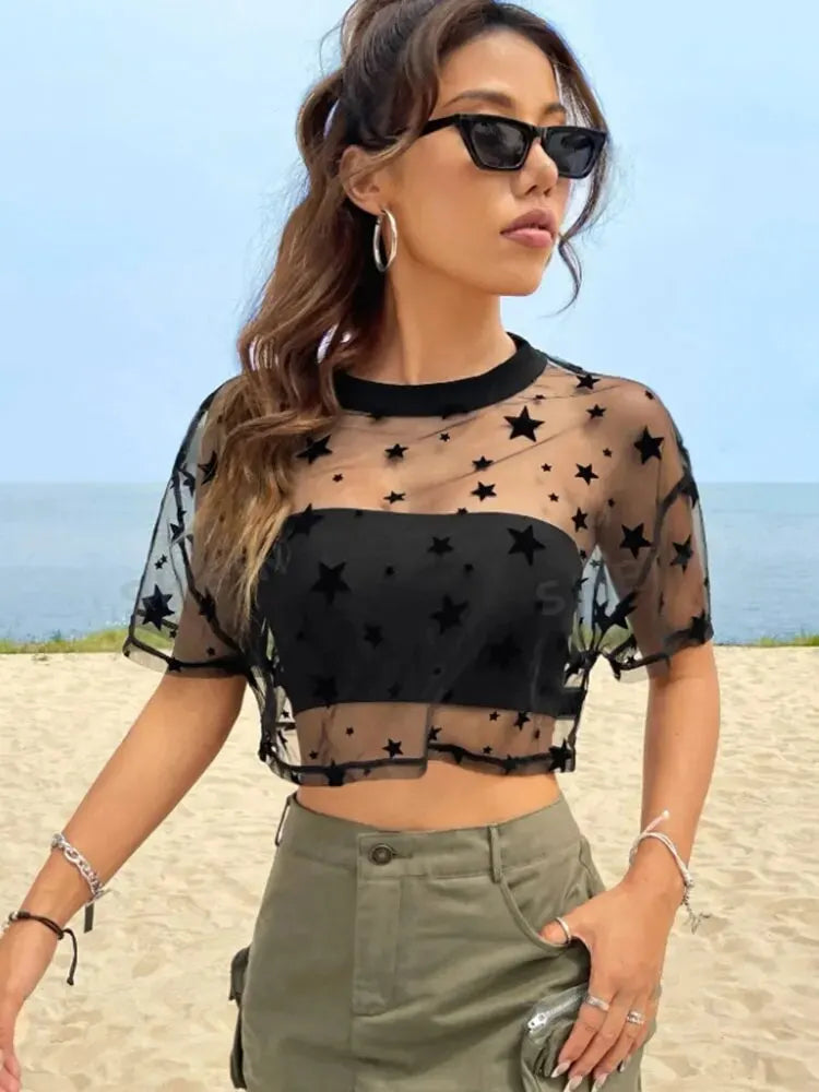 Women's Star-Print Cropped Mesh Top with Drop Shoulders