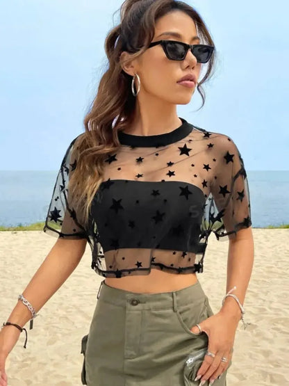 Women's Star-Print Cropped Mesh Top with Drop Shoulders