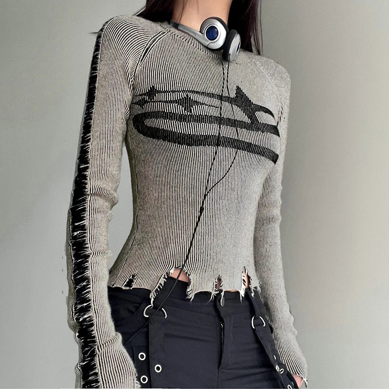 Womens Vintage Ripped Knitted Sweater with Harajuku Print