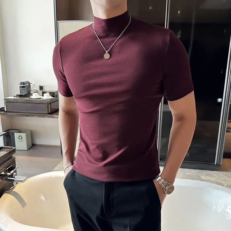 Men's Slim Fit Short Sleeve Turtleneck Cotton T-Shirt - Various Colors