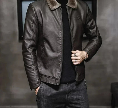 Men's Vintage Faux Leather Jacket with Faux Fur Collar - Various Colors