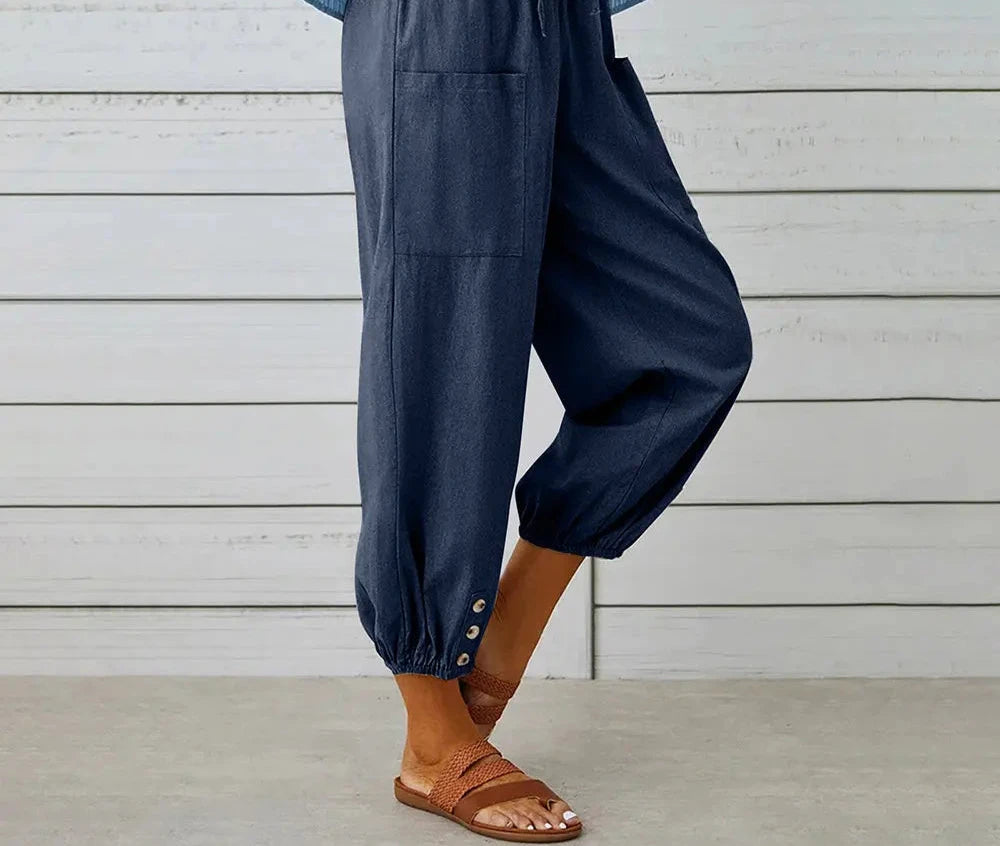 Women's Cotton Linen Loose Straight Leg Pants with Elastic Waist - Various Colors