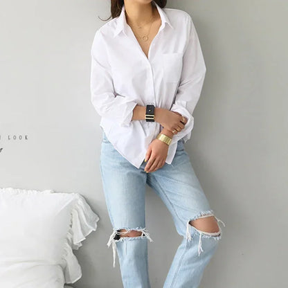 Casual Women's Long Sleeve White Cotton Shirt - Loose Fit Button-Up