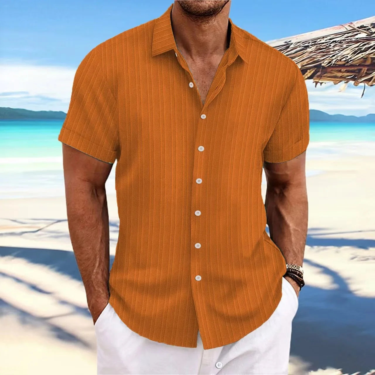 Men's Short-Sleeved Button-Up Shirt with Jacquard Wave Stripe Design