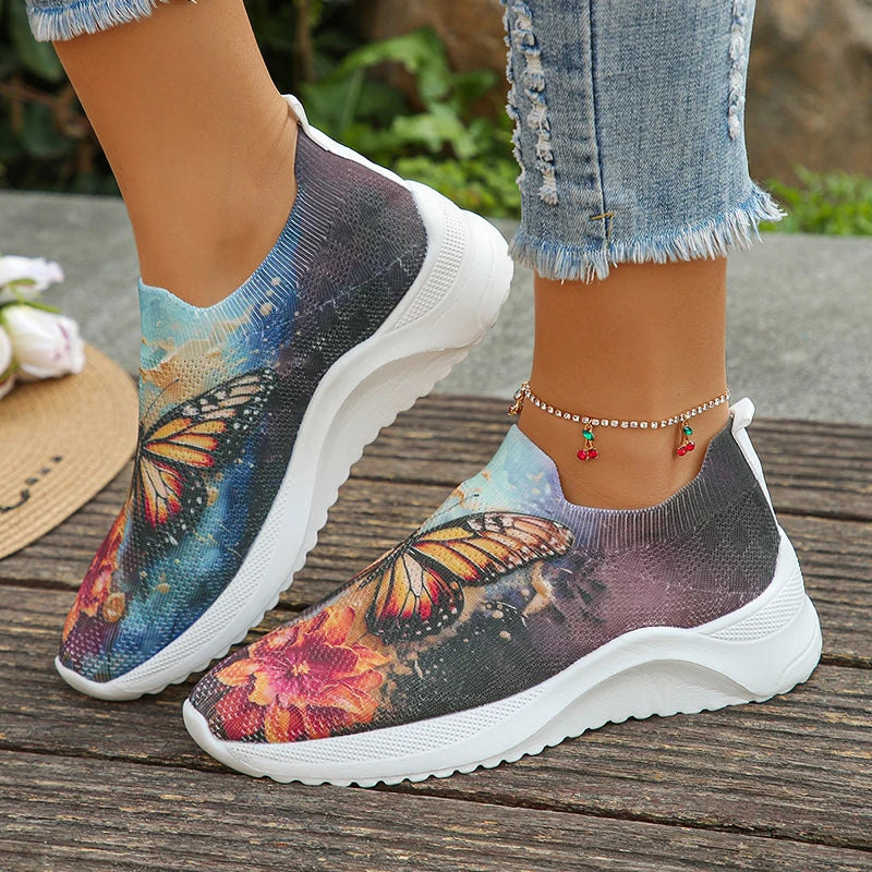 Butterfly Print Lightweight Mesh Slip-On Sneakers for Women