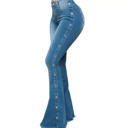 Women's Solid Button Flare Leg  Denim Jeans