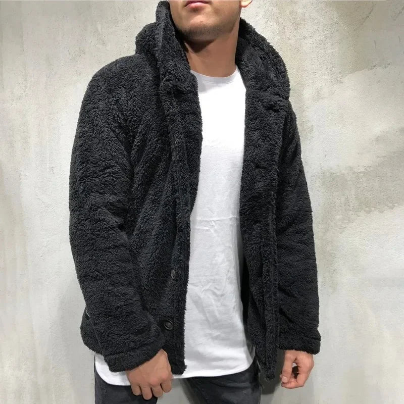 Men's Warm Plush Hooded Cardigan - Long Sleeve