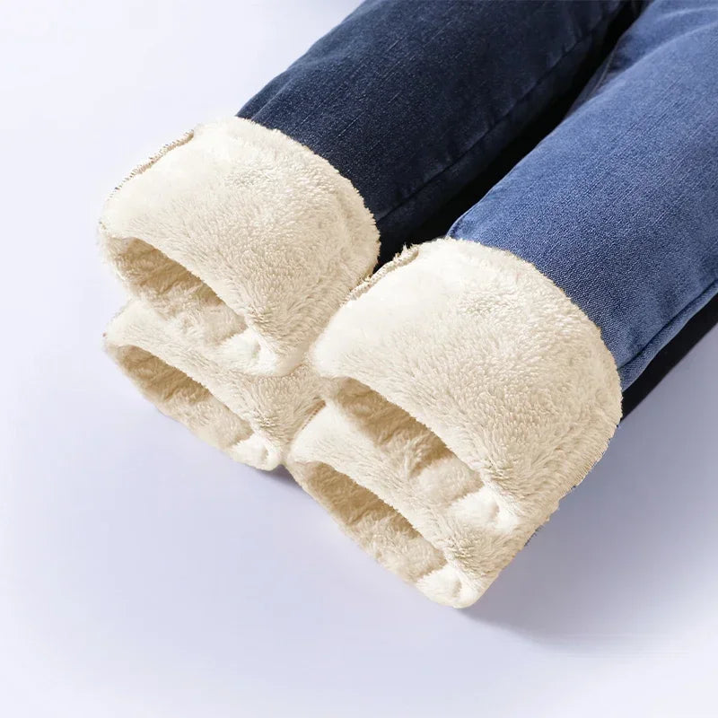 High-Waisted Thick Velvet Skinny Jeans for Women - Warm Fleece Slim Fit