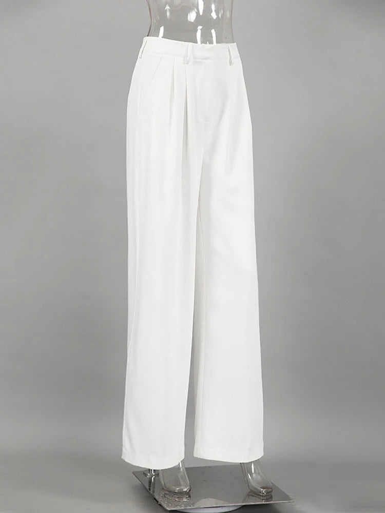 Women's High-Waisted Pocket Pants - White Patchwork  Wide-Leg Trousers