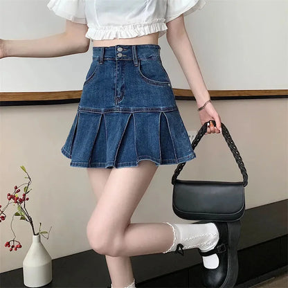 Vintage High Waist Ruffled Blue Denim Pleated Skirt for Women