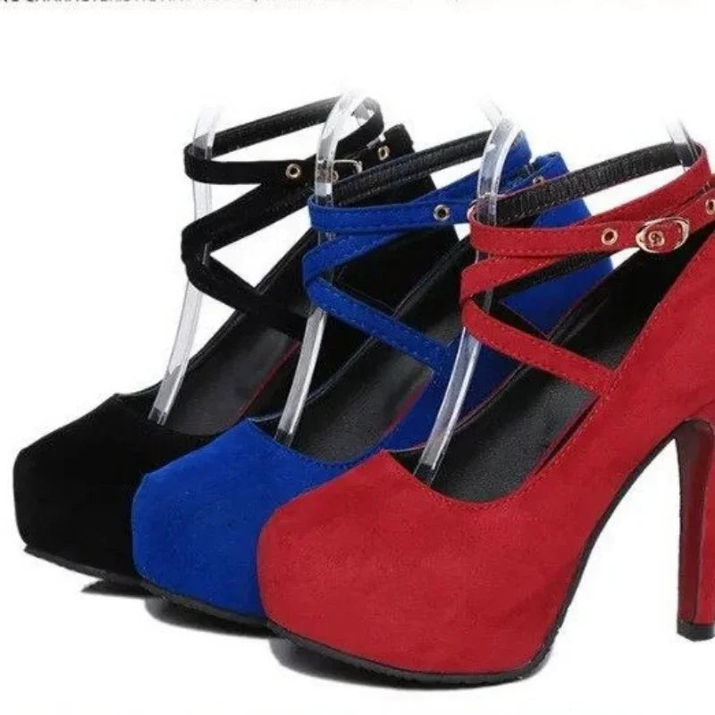 Women's High Heel  with Round Toe and Buckle Strap - Various Colors