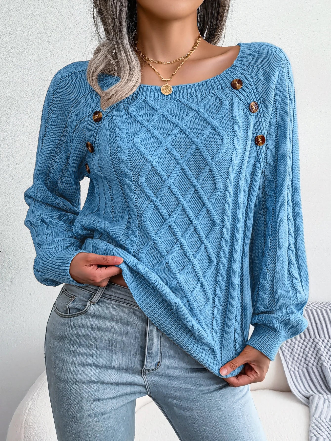 Womens Long Sleeve Knitted  Sweater with Buttons - Various Colors