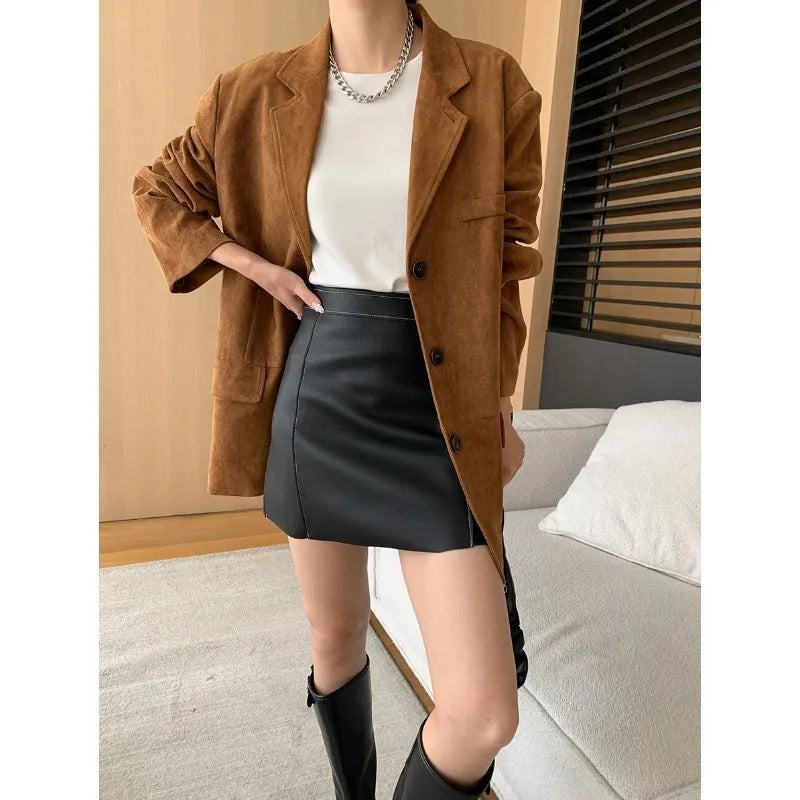 Women's Vintage Faux Suede Jacket - Casual Loose Lapel Style