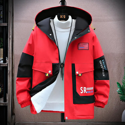 Men's Hooded Jacket with Color Block Design and Thick Insulation