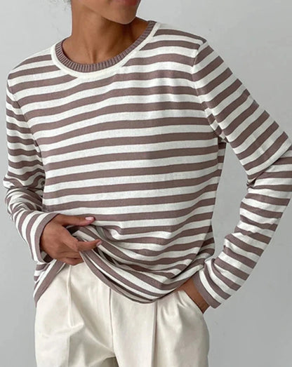 Women's Knitted Stripe Sweater - Loose Fit, Long Sleeve - Various Colors