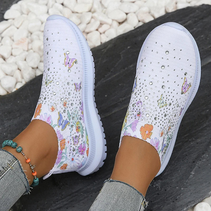 Women's Flower Print Knitted Sneakers with Shiny Crystal Breathable Mesh