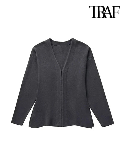 Women's V-Neck Fitted Knit Cardigan with Front Hook, Long Sleeves, and Side Split Hem