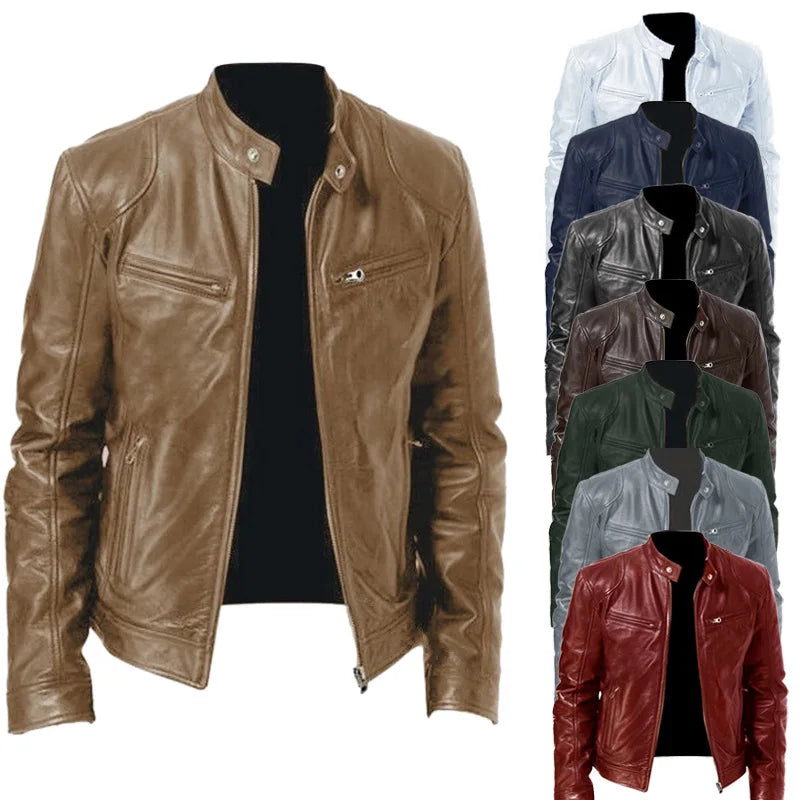 Men's Slim Fit Faux Leather Motorcycle Jacket - Short Lapel PU Coat with Zipper