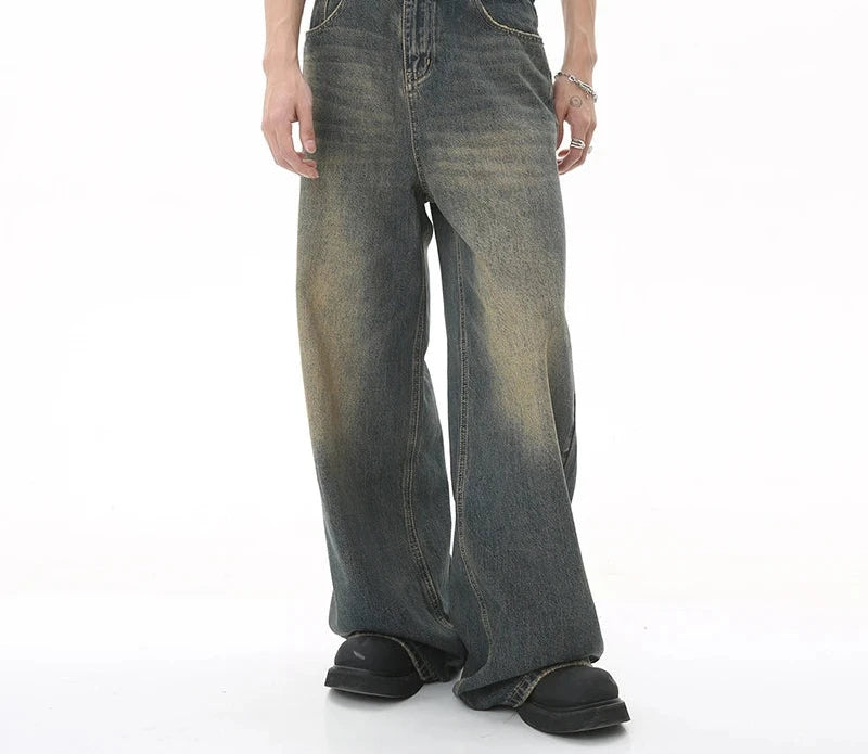 Men's Retro Washed Wide Leg Denim Jeans - Casual Street Style