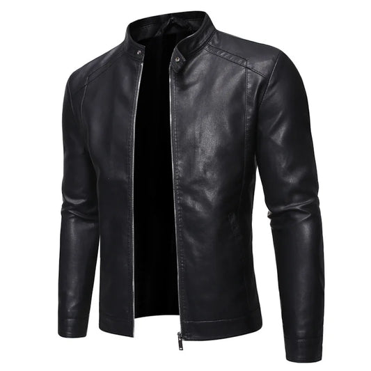 Men's Slim Fit Faux Leather Jacket with Standing Collar