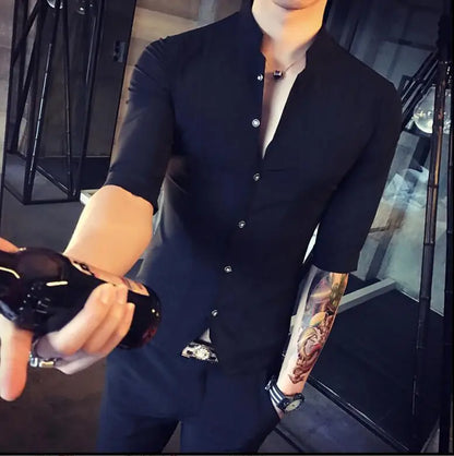 Men's Slim Fit Half Sleeve Stand Collar Shirt