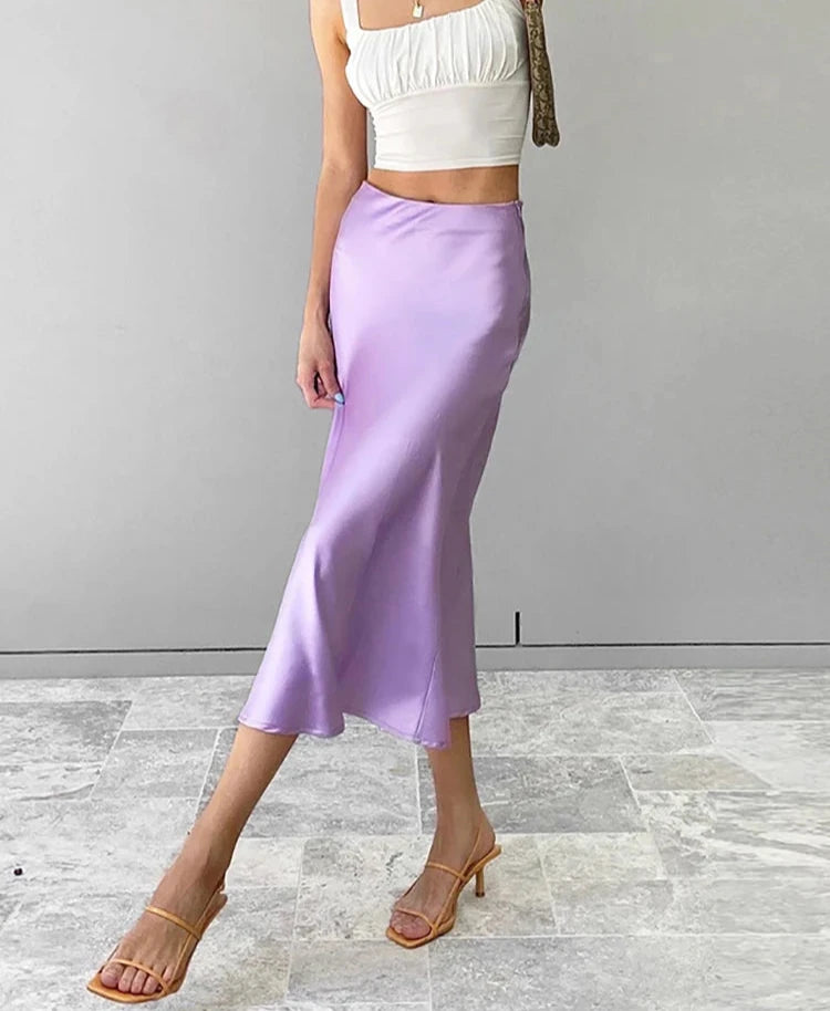 Elegant High-Waisted Long Faux Silk Skirt for Women - Various Colors