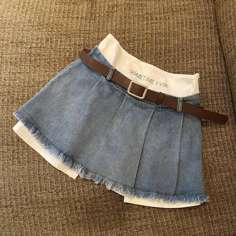 High-Waisted Denim Mini Skirt for Women with Tassel Pleats