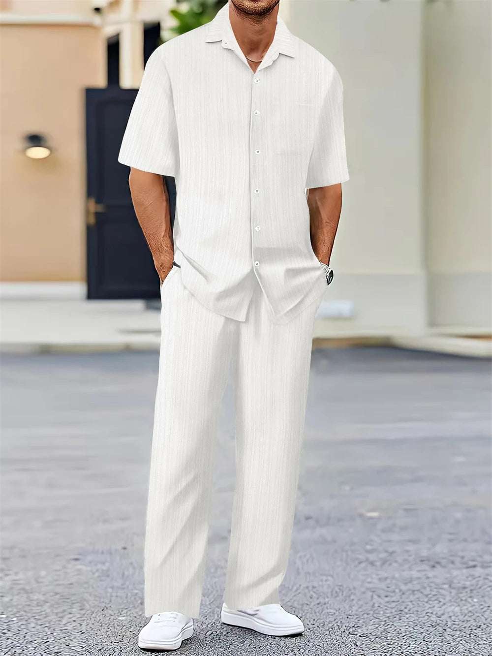 Men's Two-Piece Classic Button-Up Shirt and Loose-Fit Pants Set.