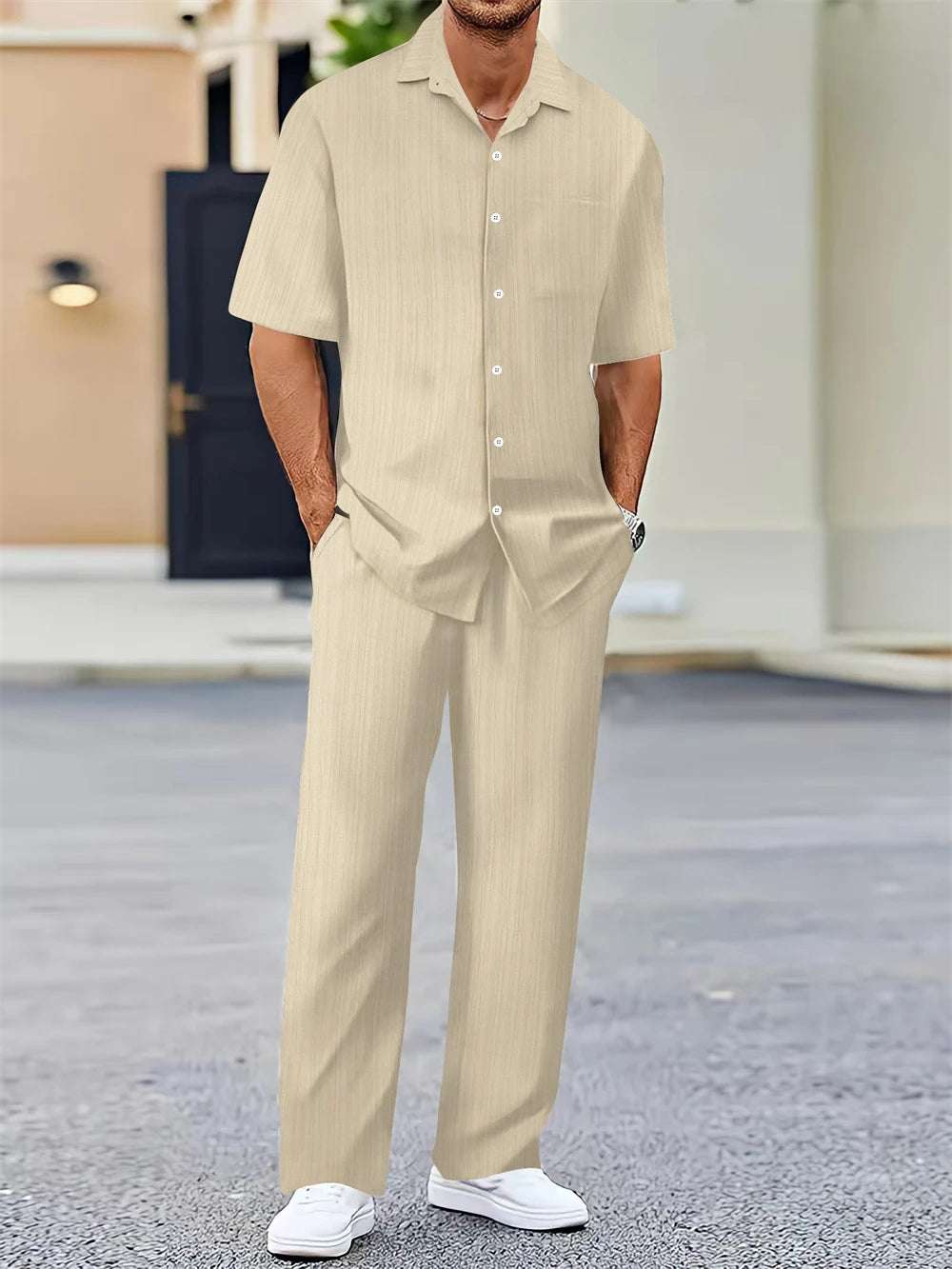 Men's Two-Piece Classic Button-Up Shirt and Loose-Fit Pants Set.