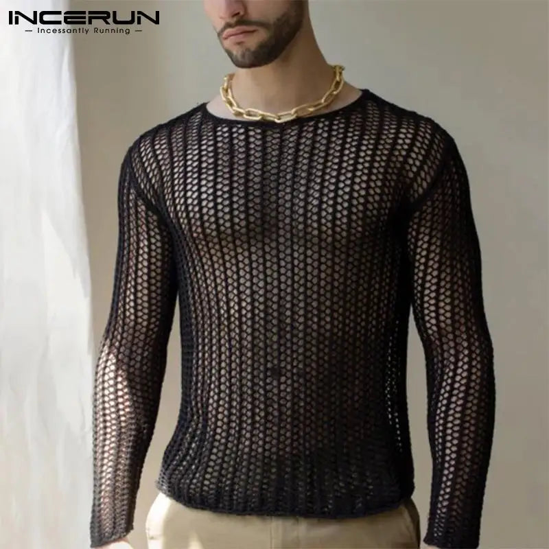 INCERUN Men's Mesh Long Sleeve Transparent Sweater