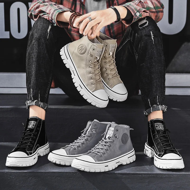 Men's Breathable Canvas High-Top Lace-Up Sneakers