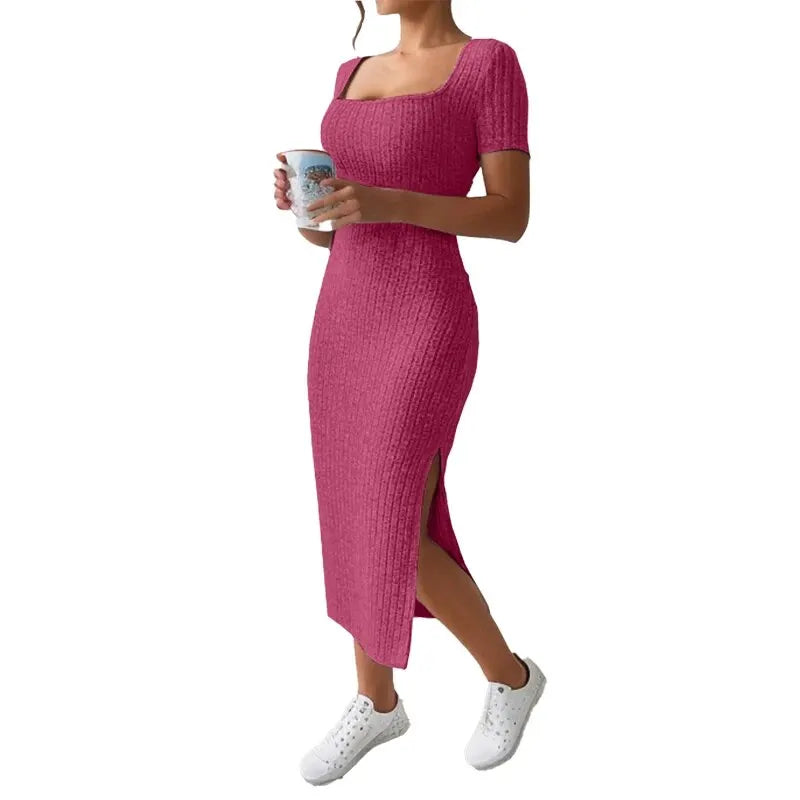 Mid-Length Knitted Dress with Short Sleeves and Slit Detail