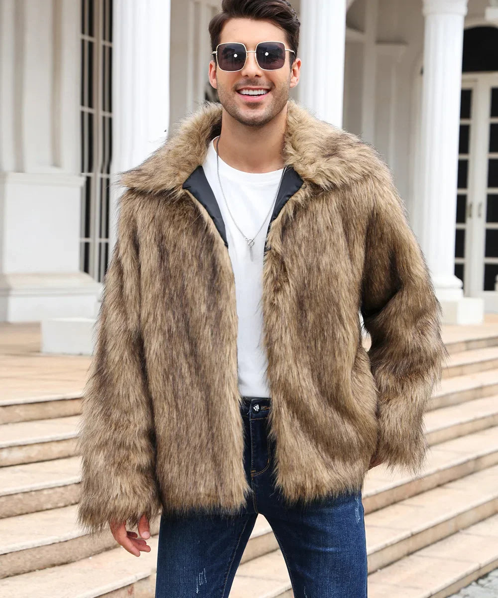 Men's Thick Fluffy Faux Fur Coat with Long Sleeves