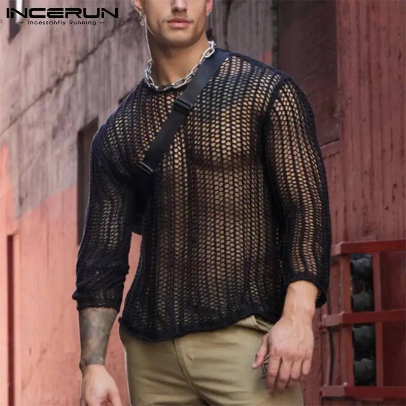 INCERUN Men's Mesh Long Sleeve Transparent Sweater