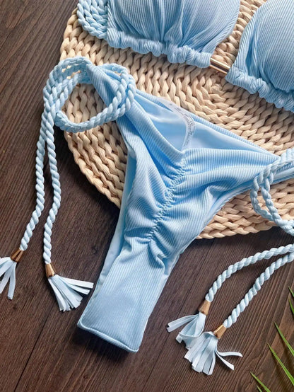 Braided Rope Bikini Set - Women's Two-Piece Triangle Solid Swimsuit