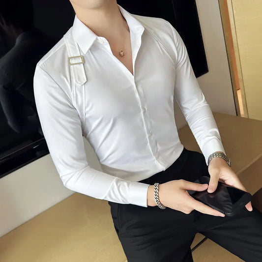 Strap-Detail Long Sleeve Slim Fit Casual Shirt