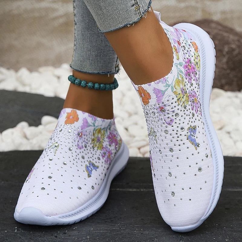 Women's Flower Print Knitted Sneakers with Shiny Crystal Breathable Mesh