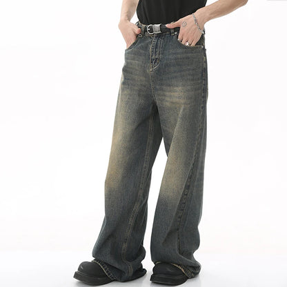 Men's Retro Washed Wide Leg Denim Jeans - Casual Street Style